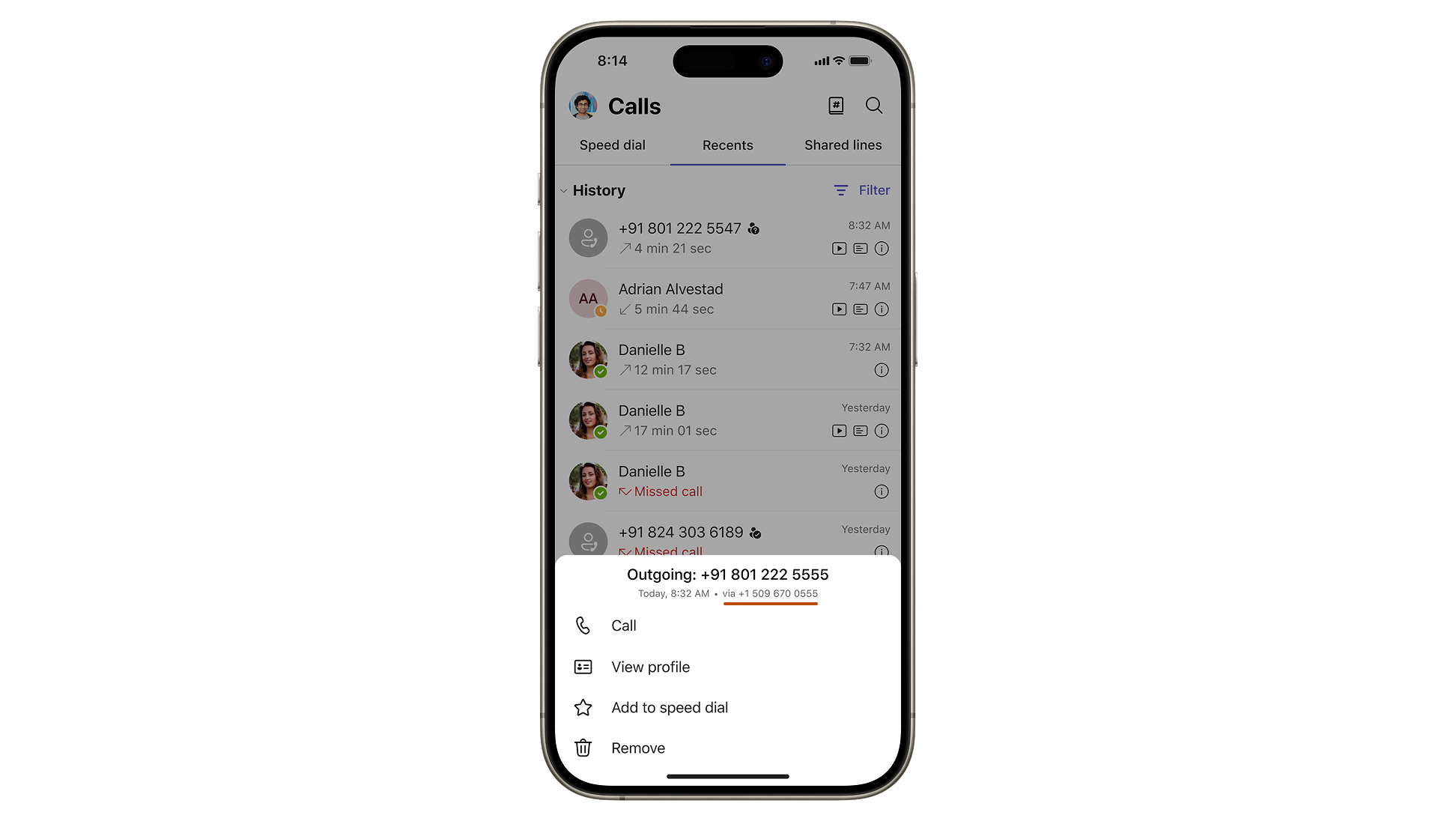 Cuplikan layar memperlihatkan menu Tindakan panggilan dengan informasi baris.