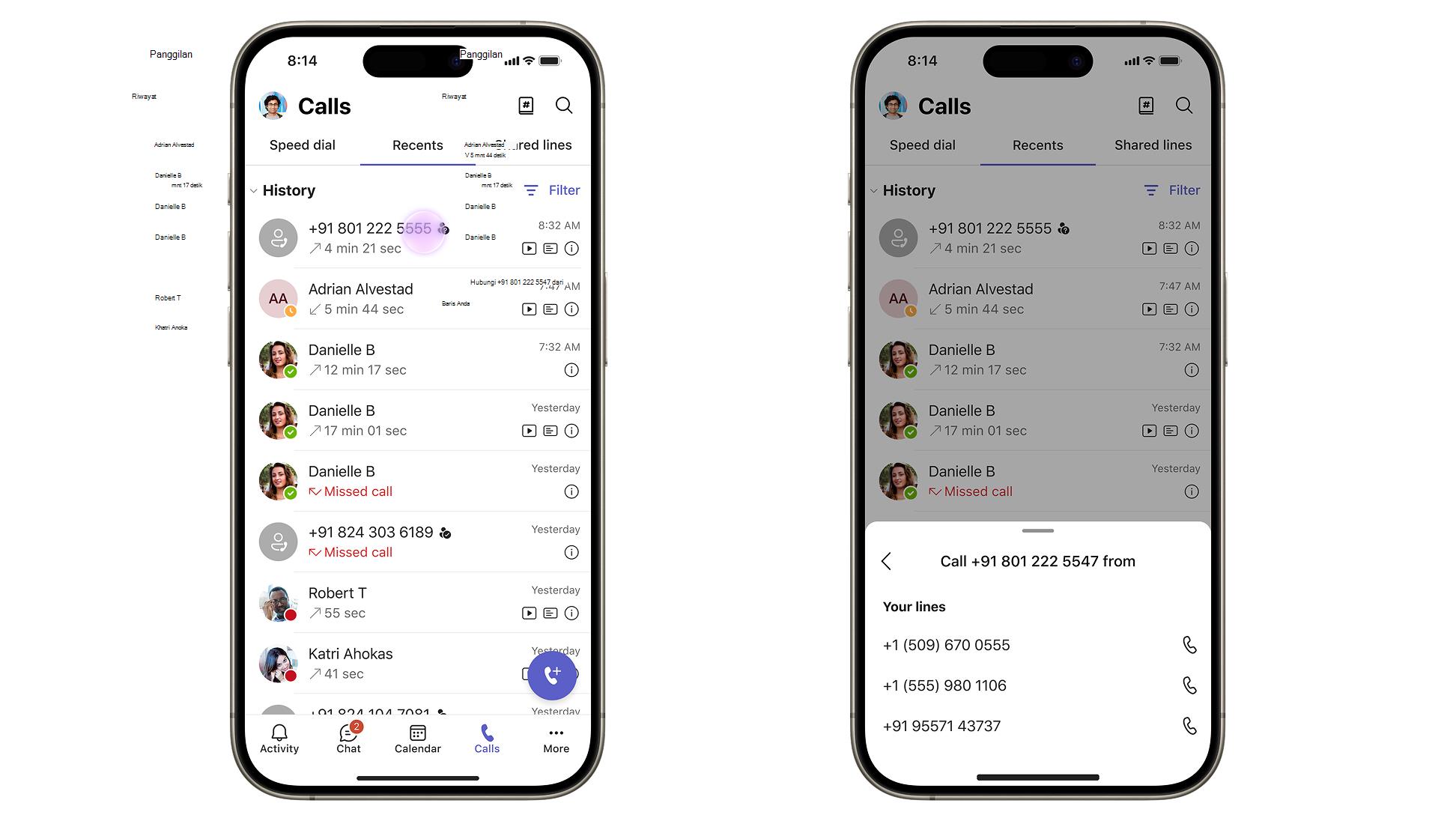 Cuplikan layar memperlihatkan Teams Terbaru dengan beberapa saluran telepon yang tersedia.