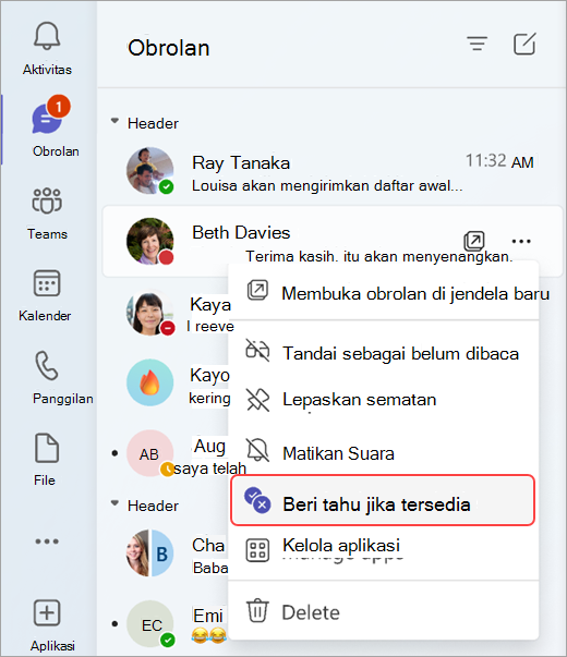 Cuplikan layar memperlihatkan cara untuk diberi tahu saat status seseorang berubah dari obrolan.