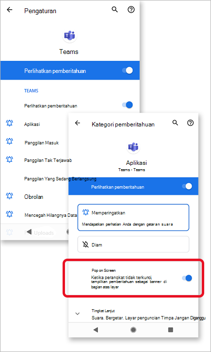 Gambar memperlihatkan layar pop-up yang mengizinkan untuk Pemberitahuan di Microsoft Teams