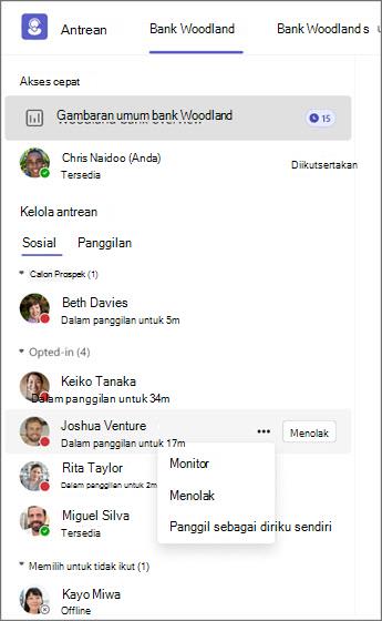 Sistem manajemen antrean memperlihatkan status dan opsi agen untuk memantau, menolak, atau memanggil.