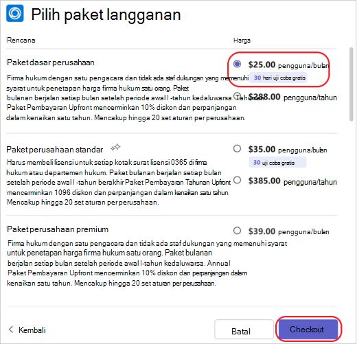 Memilih paket langganan untuk aplikasi