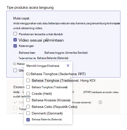 Menu bahasa yang tersedia