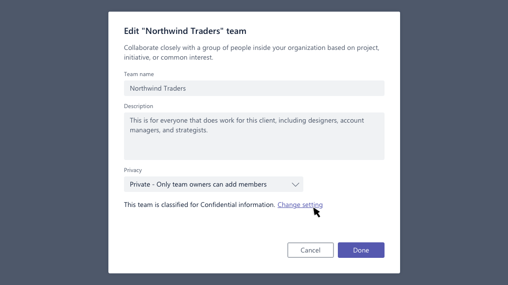 Kotak dialog Edit tim
