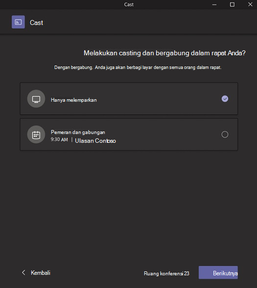 Pop-up yang memungkinkan Anda memilih apakah Anda hanya ingin melakukan casting atau casting dan bergabung dalam rapat.