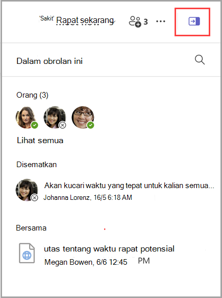 Cuplikan layar cara membuka panel info obrolan yang menyertakan daftar 3 orang, 1 pesan yang disematkan, dan 1 dokumen bersama.