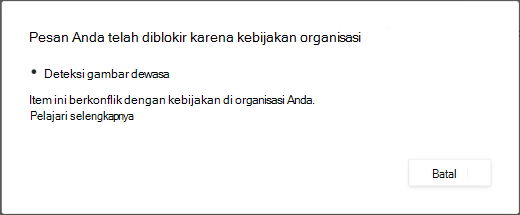 Pesan dialog menjelaskan alasan pesan dihapus karena berisi konten dewasa.