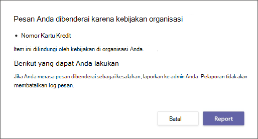 Dialog yang menjelaskan mengapa pesan ditandai oleh kebijakan pencegahan kehilangan data organisasi