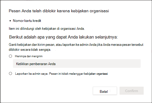 Menimpa opsi untuk kebijakan pencegahan kehilangan data organisasi