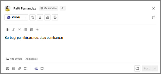 Kotak input teks berlabel Alur cerita saya dan tombol Diskusi, opsi pemformatan, dan tempat penampung untuk berbagi, menambahkan orang, dan memposting.