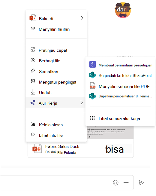Cuplikan layar memperlihatkan menu alur kerja yang terbuka dari file bersama