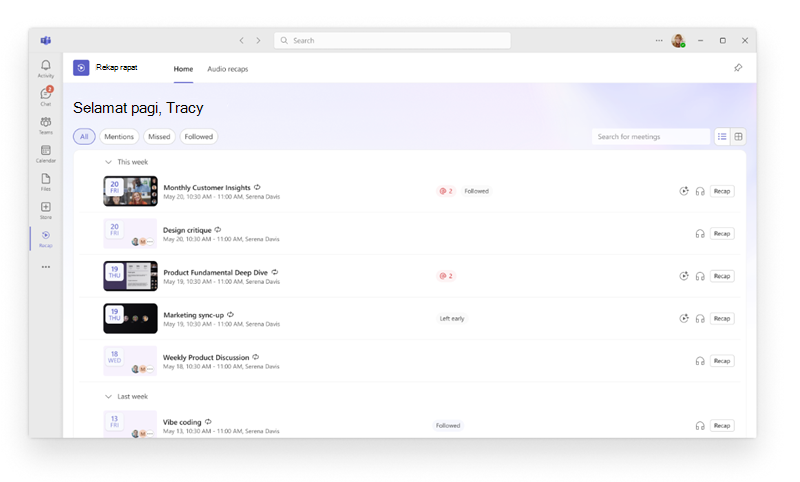 Cuplikan layar yang memperlihatkan aplikasi Rekap rapat terbuka di Microsoft Teams dengan kumpulan rekap rapat sebelumnya.
