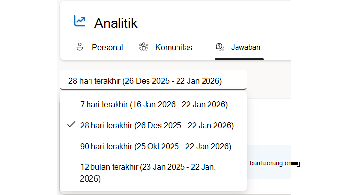Jawaban memungkinkan pemfilteran menurut rentang tanggal, termasuk Rentang kustom jika lisensi mendukungnya.
