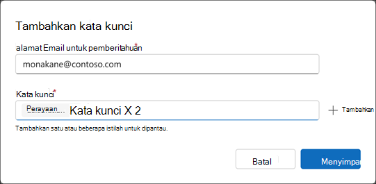 Entri kata kunci dasbor Comms