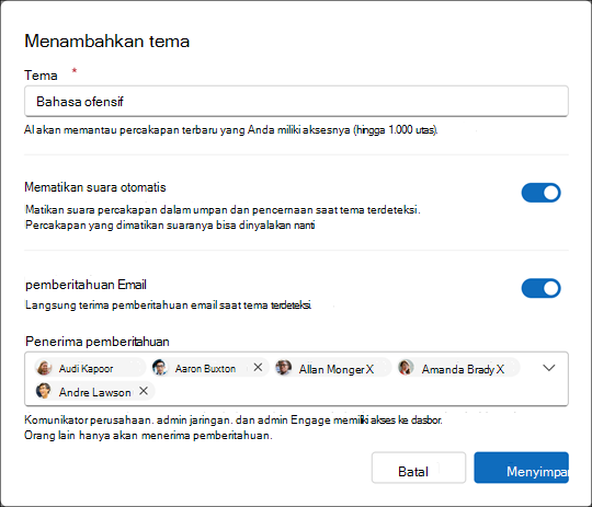 Buat tema baru untuk agen Moderator yang digerakkan oleh AI. Pilih frasa yang menyampaikan kebutuhan untuk mencari kategori fenomena.