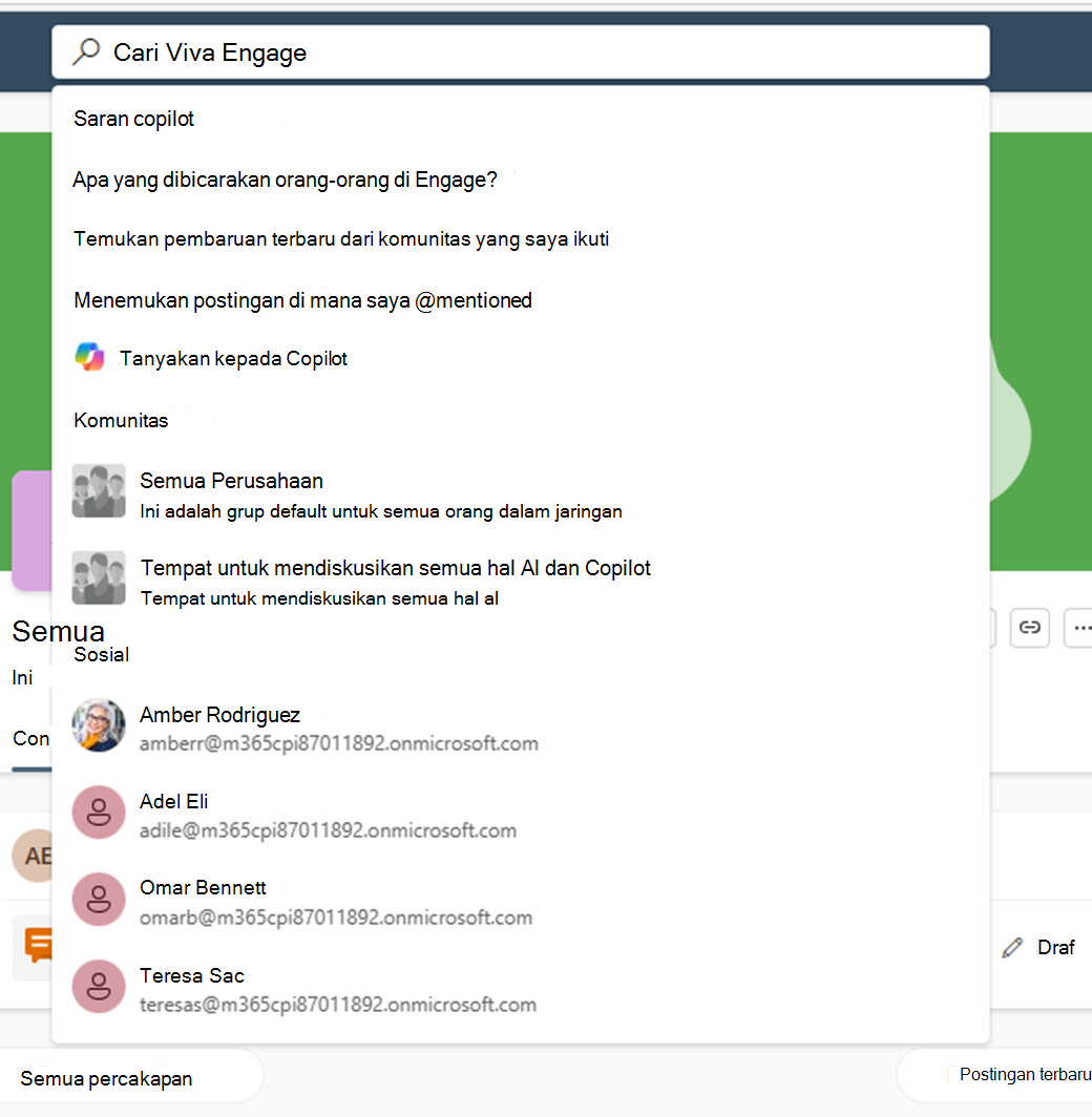 Cuplikan layar kategori pencarian yang muncul saat Anda ingin mencari di Viva engage - Saran copilot, Komunitas, People dan lainnya.