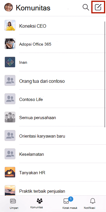 Cuplikan layar memperlihatkan penulisan percakapan di komunitas Yammer dengan aplikasi seluler