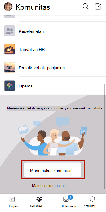 Cuplikan layar memperlihatkan menemukan komunitas Yammer di perangkat seluler dengan pilihan