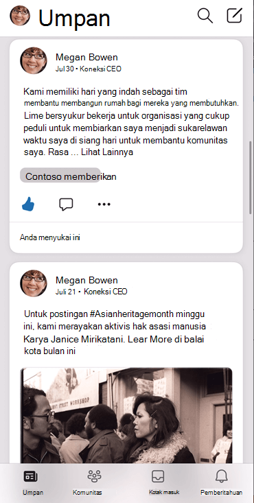 Cuplikan layar memperlihatkan umpan di aplikasi Yammer iOS