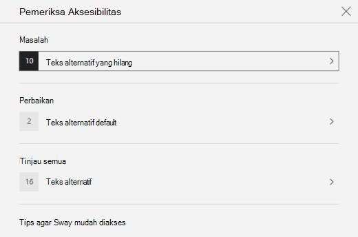 Panel Pemeriksa Aksesibilitas memperlihatkan masalah dengan teks alt di Sway.