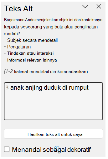 Panel teks alt memperlihatkan contoh teks alt yang bagus.