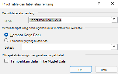 Kotak dialog Buat PivotTable di Excel untuk Windows memperlihatkan rentang sel yang dipilih dan opsi default.