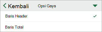 Perintah Opsi Gaya, dengan Baris Header yang dipilih