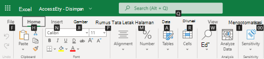Tips tombol tab pita di Excel untuk Web.