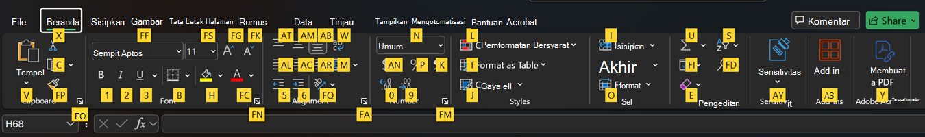 Tips tombol pita Excel.