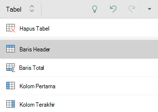 Opsi baris header dipilih untuk tabel di Excel untuk Android