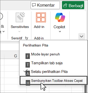 Perintah Keyboard untuk menyembunyikan Bilah Alat Akses Cepat