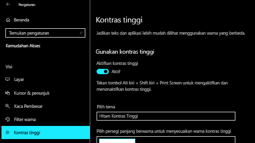 Aktifkan kontras tinggi di aplikasi Pengaturan Windows 10.