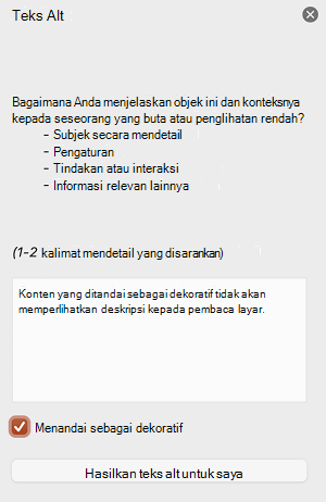 Kotak centang Tandai sebagai dekoratif dipilih di panel Teks Alt di PowerPoint untuk Mac.