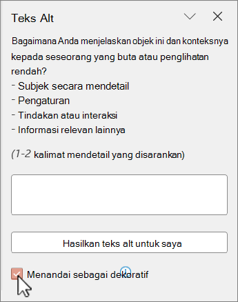 Gambar ditandai sebagai dekoratif di panel teks Alt.