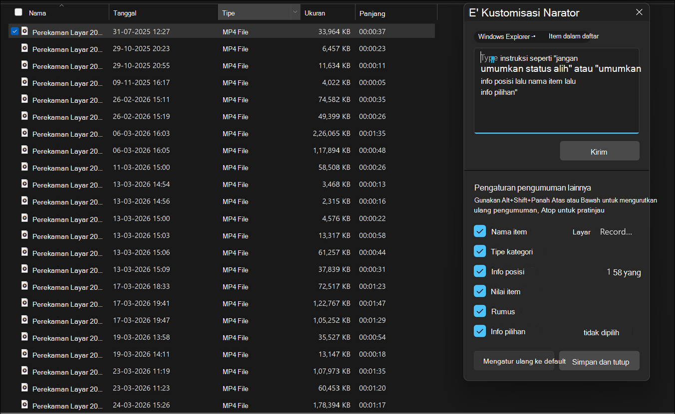 UI memperlihatkan panel kustomisasi Narator di Windows 11.