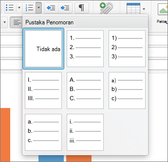 Opsi gaya penomoran yang tersedia di Pustaka Penomoran di Outlook untuk Mac.