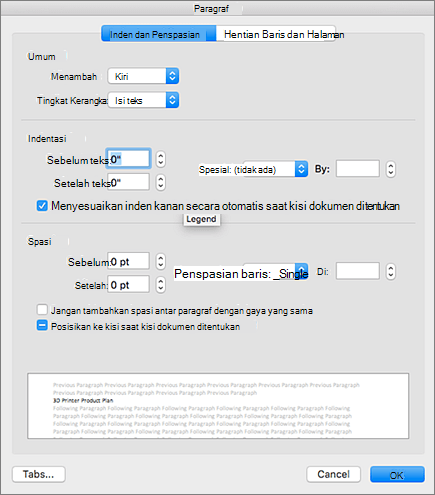 Kotak dialog Paragraf di Outlook untuk Mac.