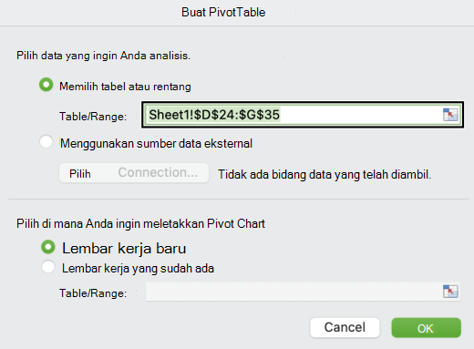 Kotak dialog Buat PivotChart di Mac.