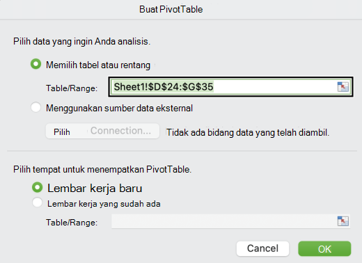 Kotak dialog Buat PivotTable di Mac.