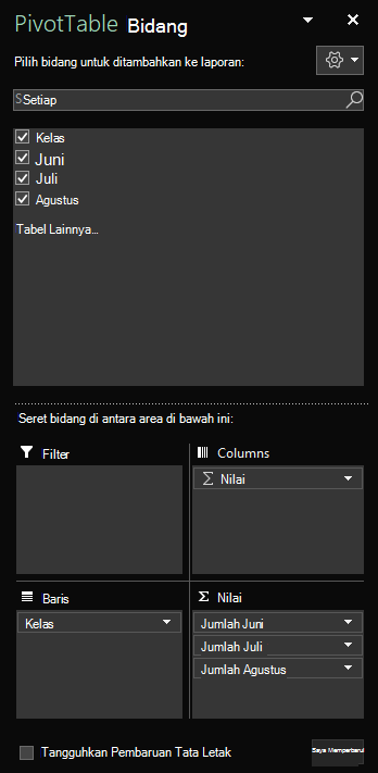 Panel Bidang PivotTable terbuka di Excel untuk Windows memperlihatkan bidang tabel yang dipilih.