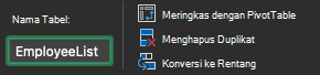 Bidang Nama Tabel di Excel untuk Mac