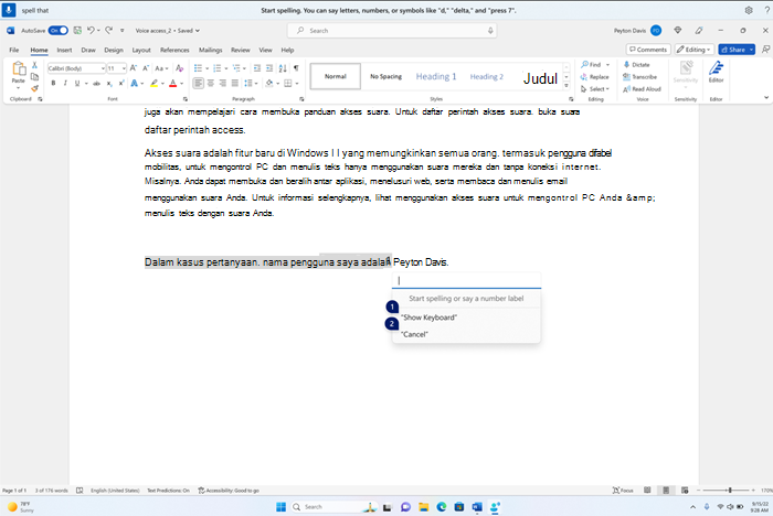 Jendela ejaan mengambang di atas aplikasi Word, dengan kotak teks kosong dan opsi untuk memperlihatkan keyboard atau membatalkan dengan label angka.