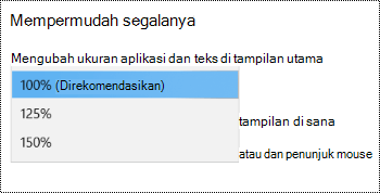 Halaman pengaturan Tampilan Windows di bawah Pengaturan Kemudahan Akses memperlihatkan Opsi memperbesar semuanya dengan menu turun bawah diperluas.