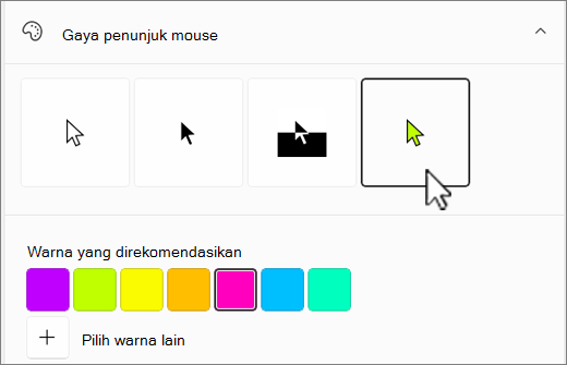 Opsi penunjuk mouse Windows dengan warna kustom dipilih.