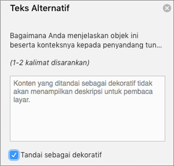 Kotak Tandai sebagai Dekoratif dicentang di panel Teks Alt di Word untuk Mac.