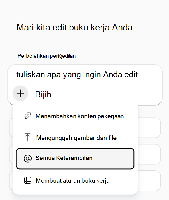 Cuplikan layar menu 'Tambahkan konten kerja' Copilot di Excel, dengan 'Semua keterampilan' disorot.