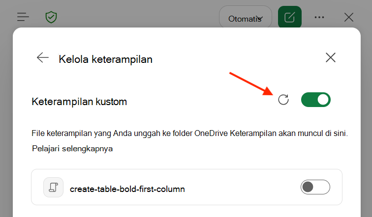 Cuplikan layar dialog keterampilan kustom Copilot di Excel dengan tombol Refresh disorot.