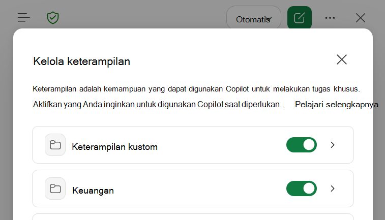 Cuplikan layar dialog Kelola keterampilan Copilot di Excel.