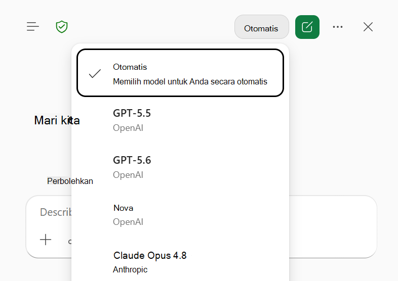 Cuplikan layar menu pemilih model Copilot di Excel, dengan Otomatis dipilih.
