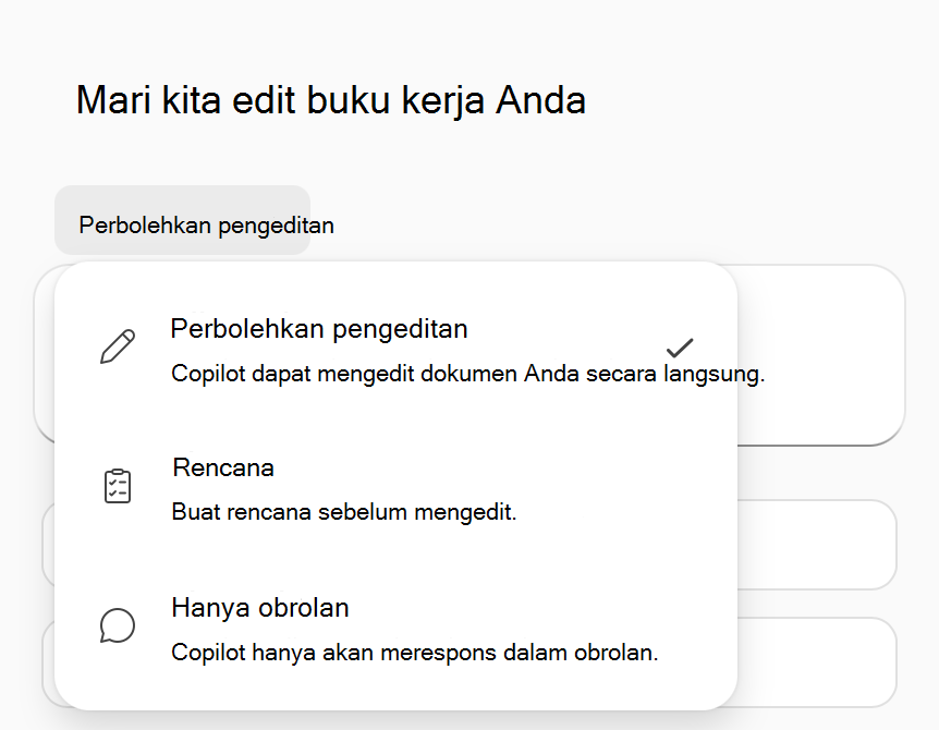 Cuplikan layar menu opsi mode Copilot di Excel.